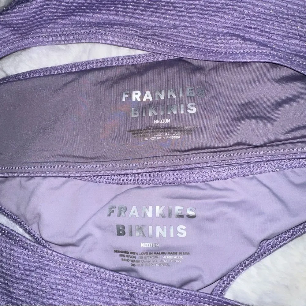 Frankie’s Bikinis lavender sparkly Olivia bikini top + thong bottoms